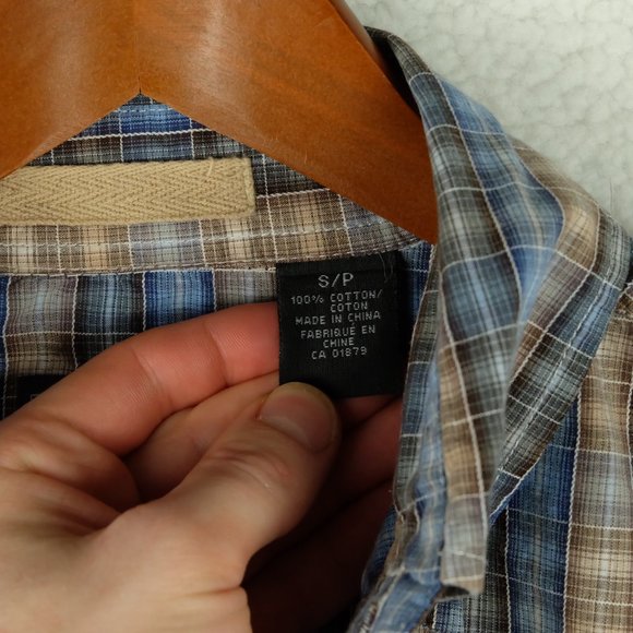 Pacific Trail Mens Button Up Shirt Small Blue Beige Check Striped Outdoor Retro - Picture 12 of 13